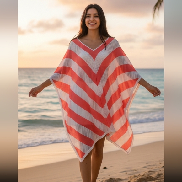 Chico's Coral striped loose knit poncho one size - Picture 1 of 9